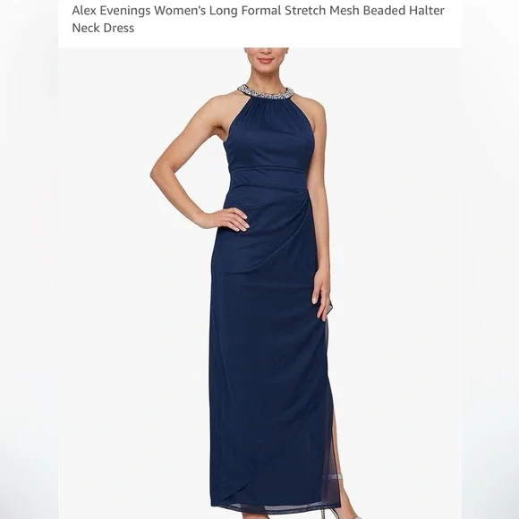 Alex Evenings Alexandra Beaded Halter Dress Navy / 4